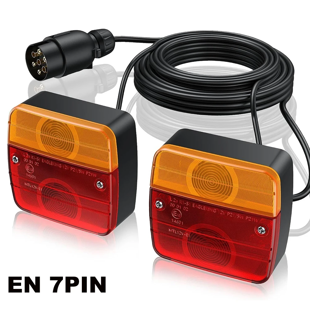 2 Piece 12V Rear Towing Trailer Truck Tail Light 10m 7 Pin Brake Stop Indicator License Number Plate Lamp Reflector Waterproof