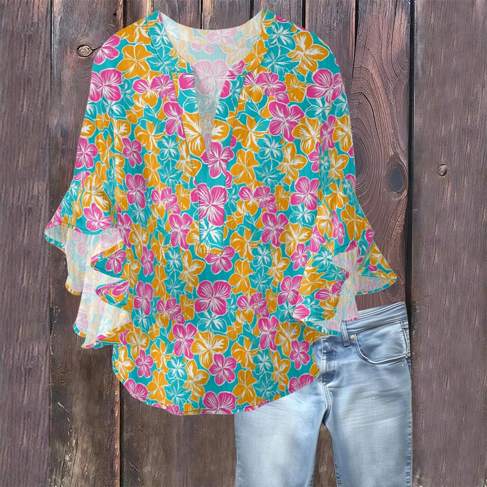 

Элегантная тропическая блузка для летних каникул, женский струящийся топ с v-образным вырезом и цветочным принтом, с расклешенными рукавами, рубашка в гавайском стиле для пляжной вечеринки