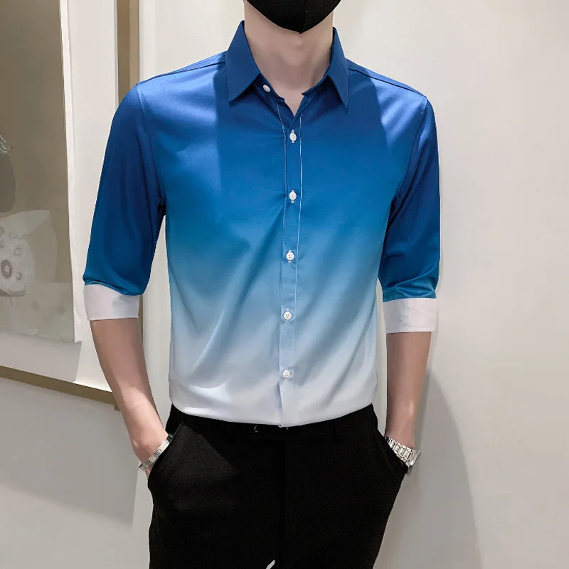 

Men's Gradient Short Sleeve Shirts 2026 Summer Casual Button Down Tops Trendy Streetwear Loose Fit 7 Length Blouse