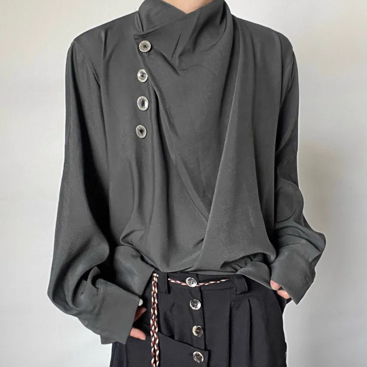 2026 Men Solid Color Stand Collar Shirt Vintage Button Irregular Design High End Inner Wear Casual Loose Tops Streetwear Retro
