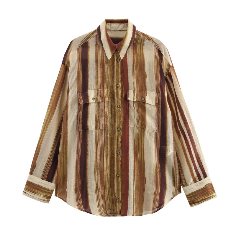 

Japanese Style Retro Color-Block Vertical Striped Cargo Pocket Thick Material Long Sleeve Shirt Blouse 2691206