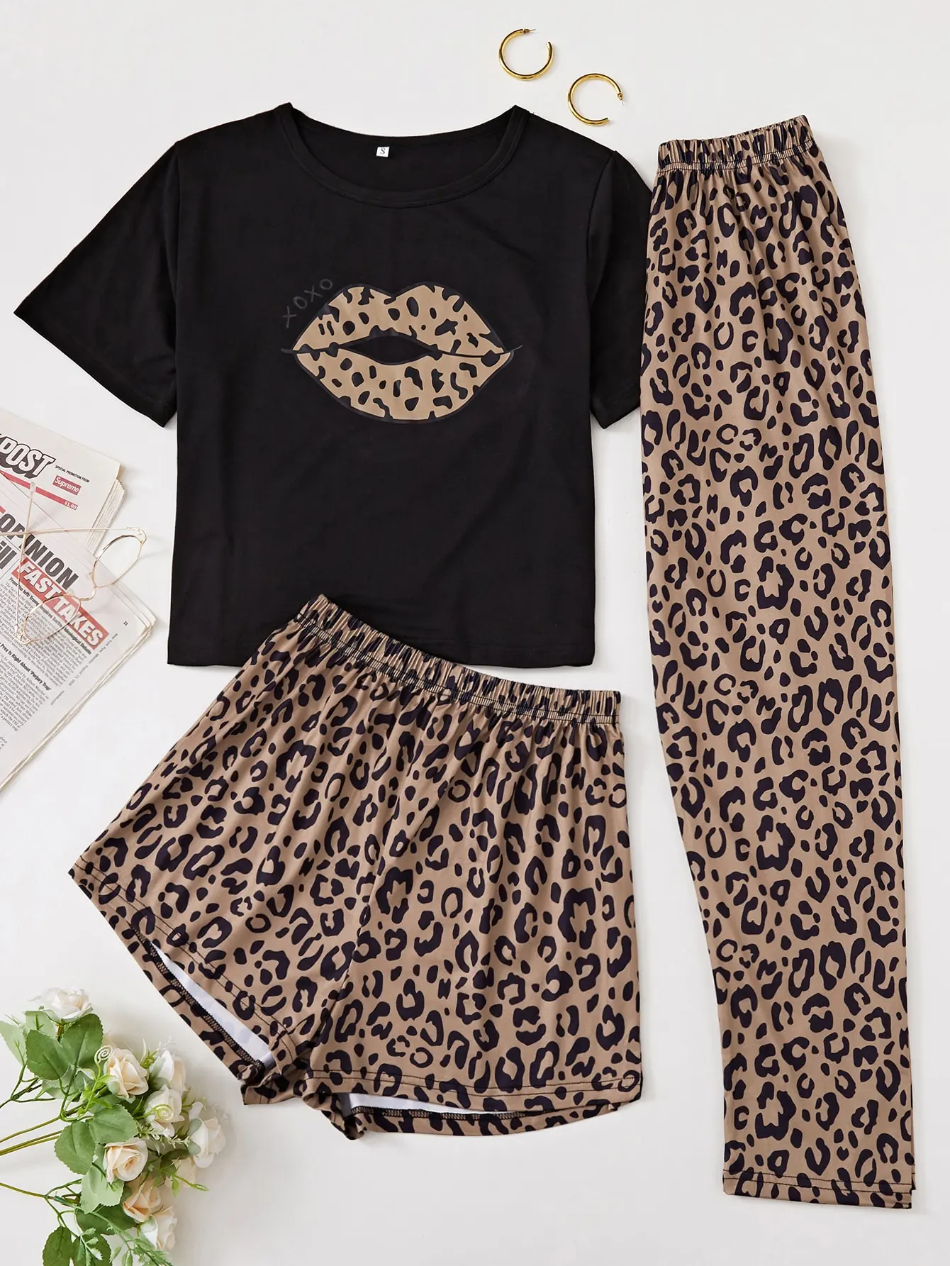 

3PCS Spring, summer and fall women's pajamas short sleeve shorts and long pants set leopard lip print skin friendly comfortable