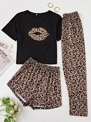 3PCS Spring, summer and fall women's pajamas short sleeve shorts and long pants set leopard lip print skin friendly comfortable