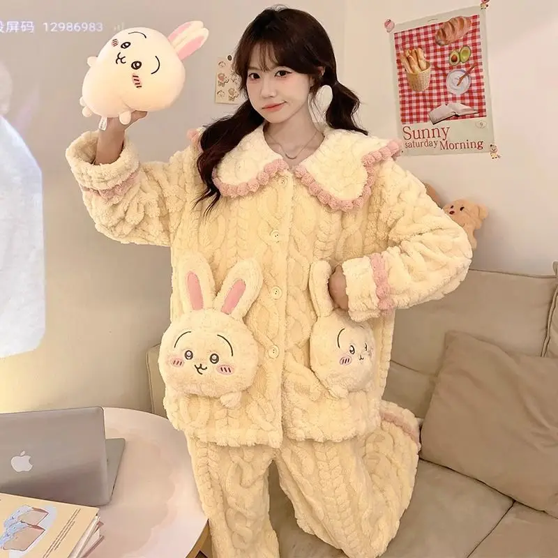 

MINISO Chiikawa Usagi Pajamas Female Winter Coral Fleece Plus Velvet Lovely Thicken Kawaii Lounge Clothes Anime Cartoon 2025 New