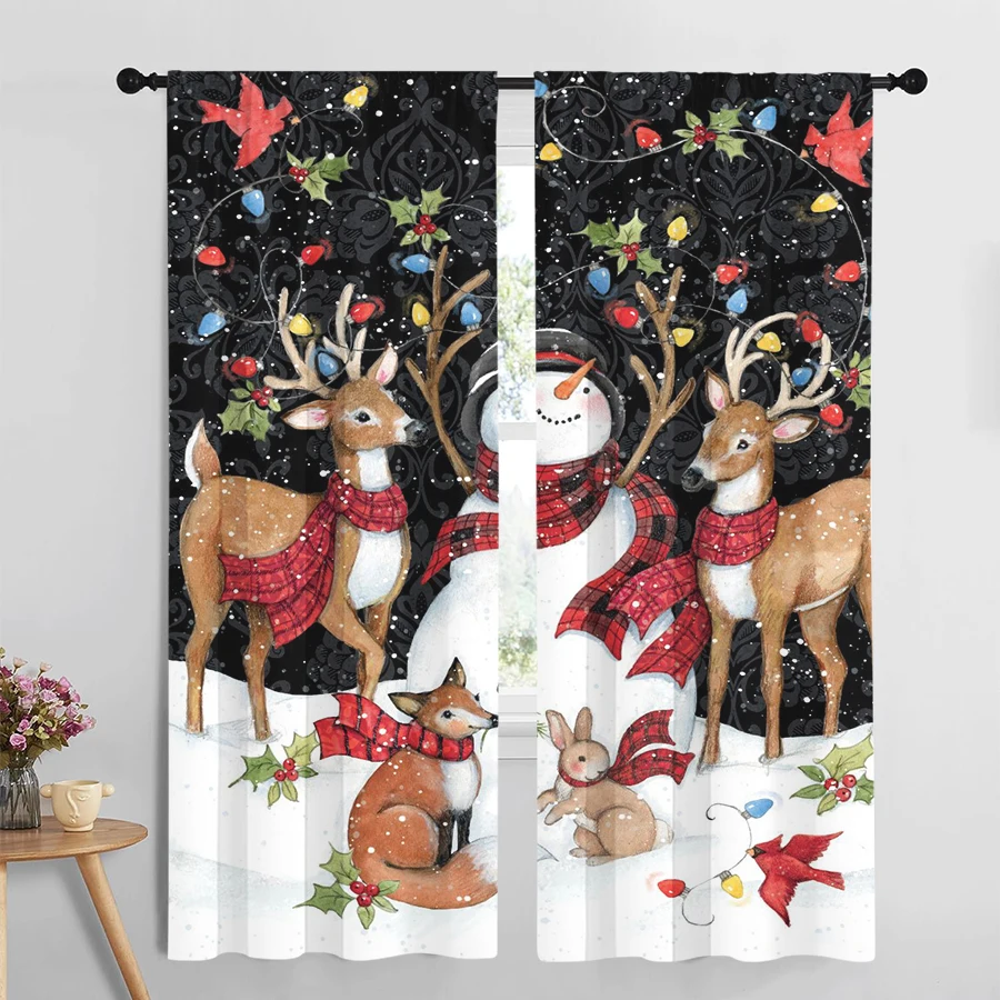2PCS Christmas Winter Curtains, Deer Fox Rabbit, Digital Print, Bedroom Living Room Kitchen, Rod Pocket Polyester, Home Decor