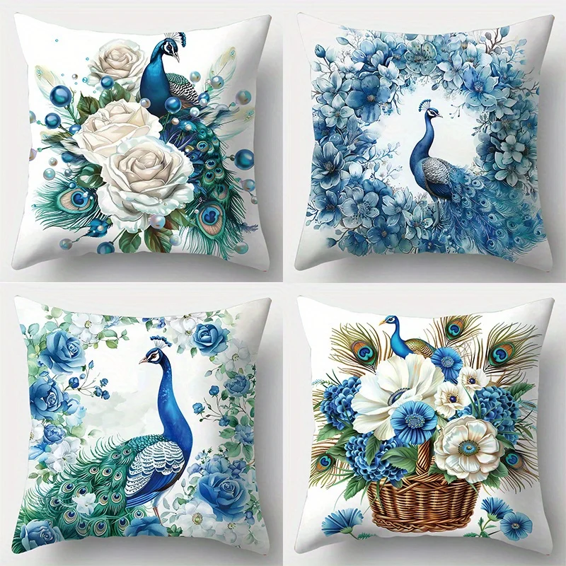 

4 Pcs Peacock Print Polyester Pillow Covers – Soft & Comfortable Cushion Covers for Living Room, Bedroom, Sofa, Bed & Room Decor