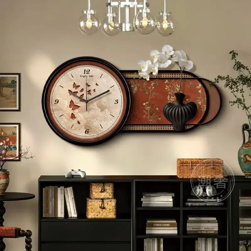 Dining room with clock decorative painting 3D sandstone living room wall clock mural senior sense retro clock hanging painting