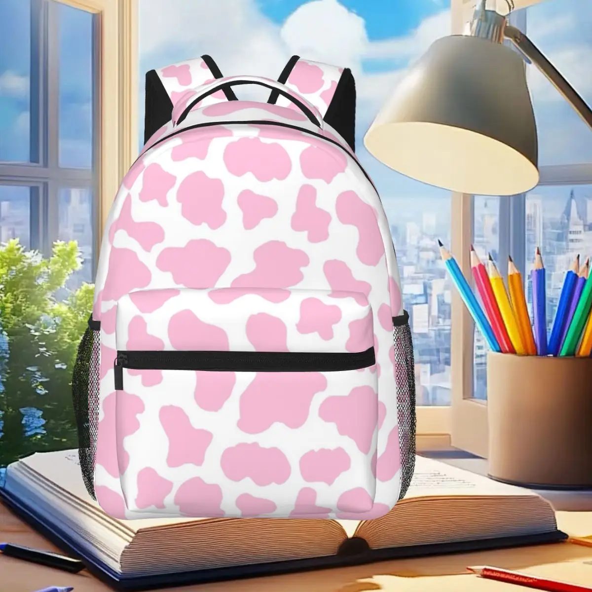 

Pink Strawberry Cow Print Aesthetic Pattern Backpack Student Boys Girls BookBag School Bag Laptop Shoulder Bags for Men Women