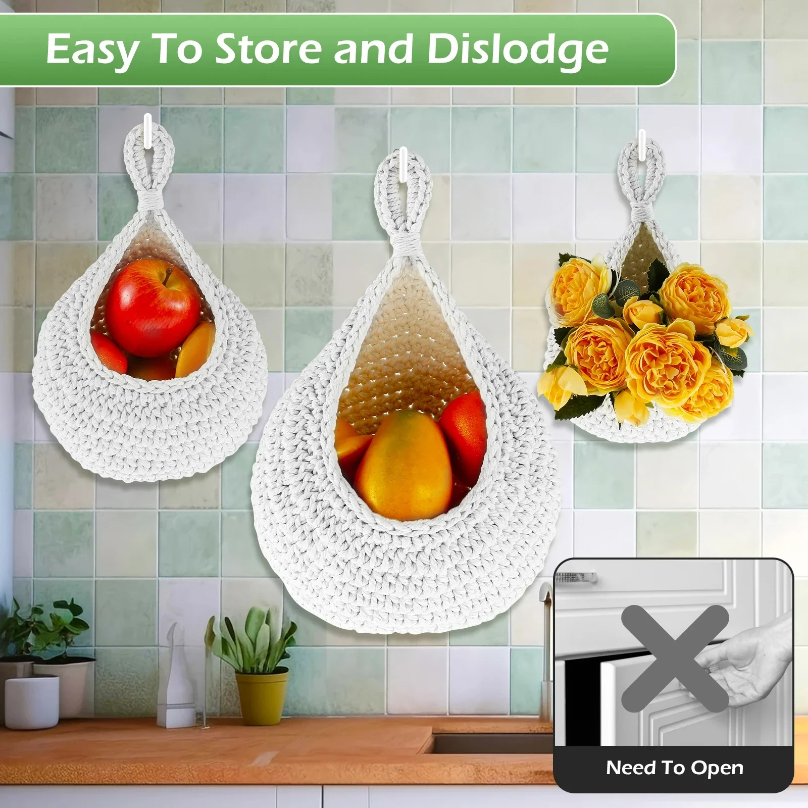 

3Pcs Hanging Fruit Baskets Handwoven Vegetable Baskets Breathable Woven Cotton Rope Storage Baskets Kitchen Organizer New