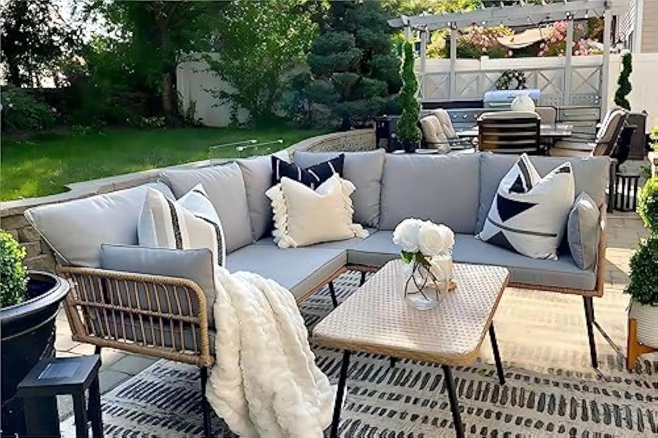 

4 Pieces Patio Furniture Set, Outdoor Wicker Conversation Sectional L-Shaped Sofa 5 Seater for Backyard, Porch, Boho Detac