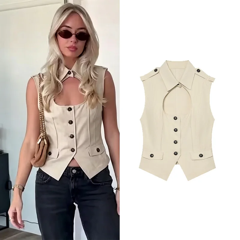 HipSeam Women's Trench Tank Top With Opening New 2026 Simple Lapel-Collar Sleeveless Shoulder Tabs Woman Button Vest Female Tops