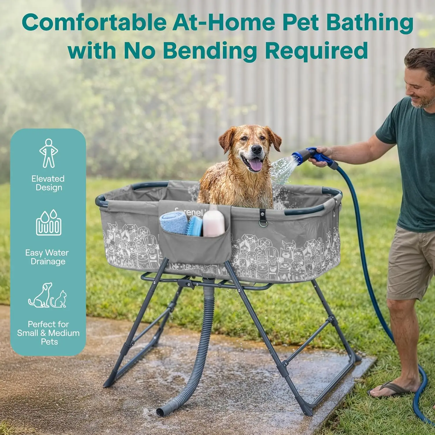 Foldable Dog Bath Tub with Adjustable Height, 360° Access, Drain Hose & Storage Pockets - 130 lb Capacity Grooming Station