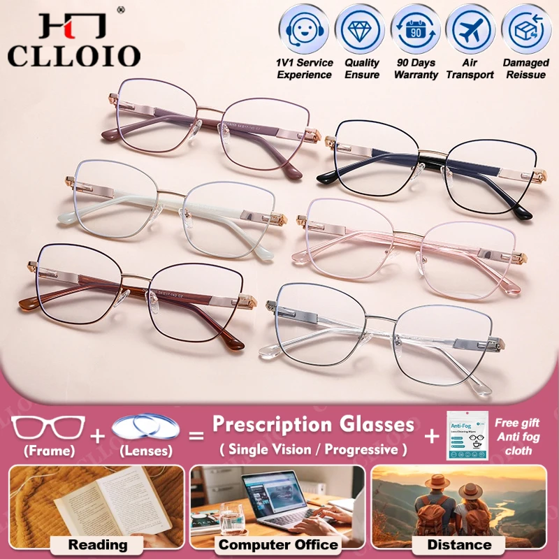 

CLLOIO Fashion New Alloy Cat Eye Multifocal Prescription Glasses Women Anti Blue Light Myopia Reading Optical Customized Eyeware