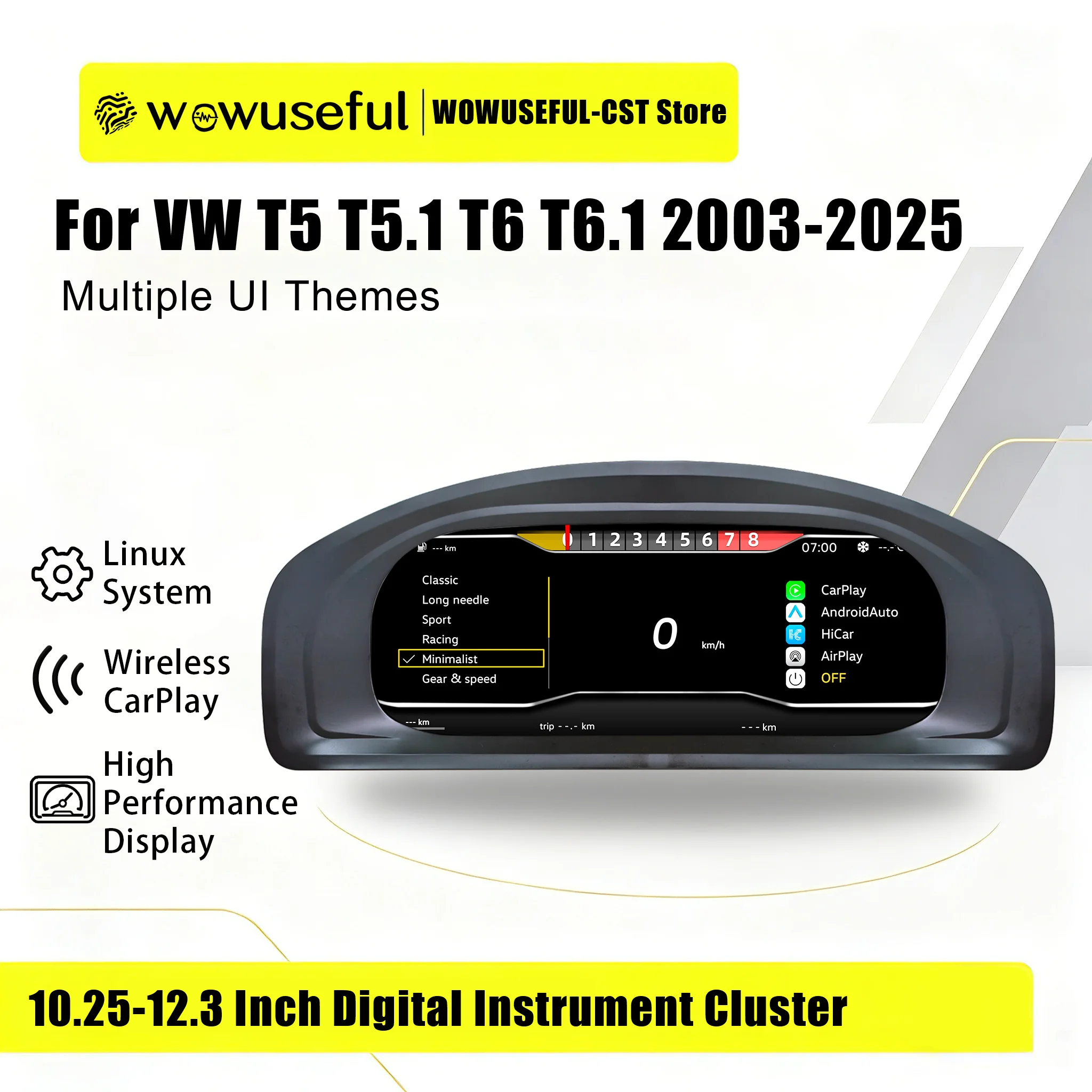 WOWUSEFUL Virtuelles Cockpit-Dashboard für VW T5 T5.1 T6 T6.1 Baujahre 2003-2025 Digitaler Tachometer Instrumententafel