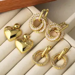 FLOLA Dainty Clear Crystal Round Earrings For Women Gold Plated Hoop Heart Dangle Earrings CZ Jewelry Gifts ersz55