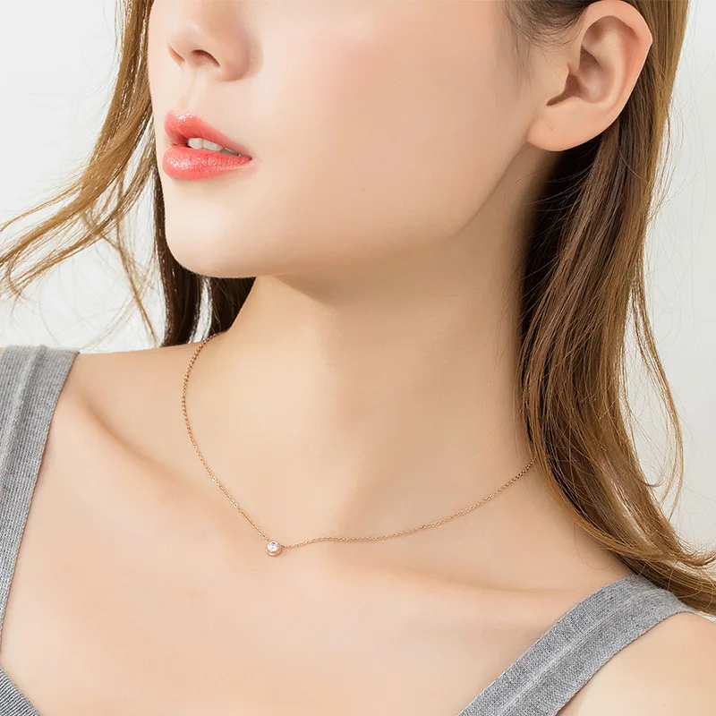 2023 Trendy Geometric Necklace For Women Rose Gold Color Stainless Steel Cubic Zirconia Wedding Necklace Clavicle Chain Collars