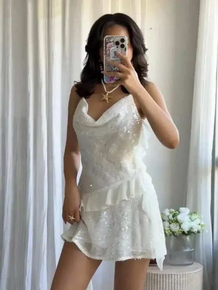 Elegante branco vestidos de lantejoulas feminino 2025 halter pescoço sem costas vestidos em camadas plissado com decote em v sem mangas verão festa vestido de baile