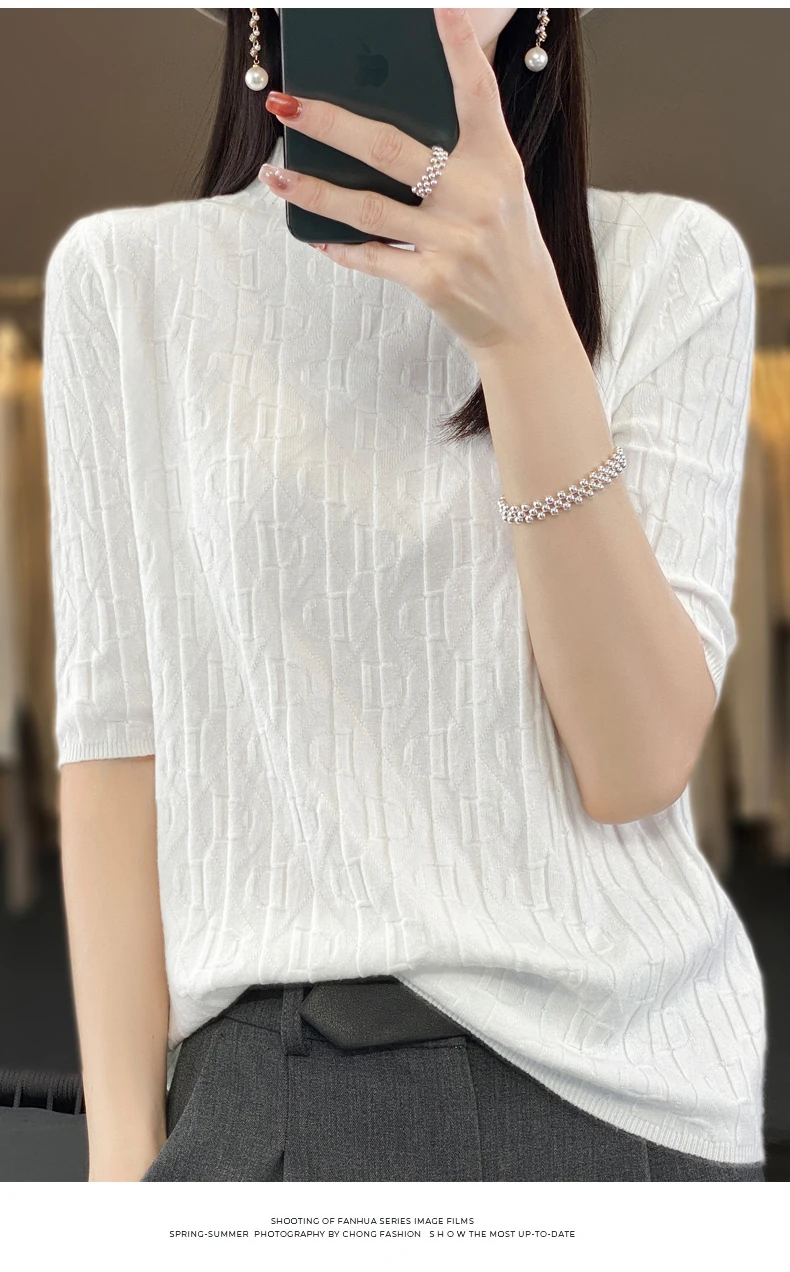 Women New Soft Diamond Letter Design Sweater Half-high Collar Three Quarter Sleeve Pullover Spring Summer Casual Knit Slim Top