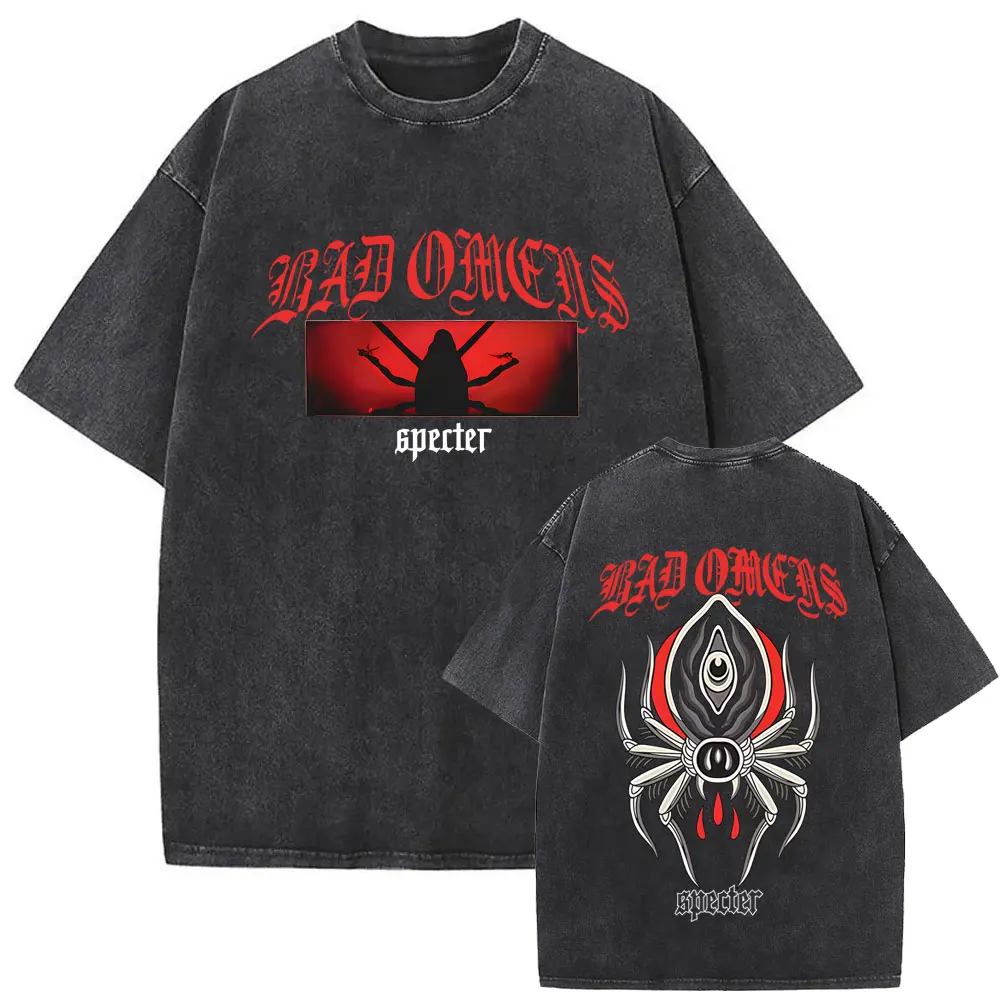 Washed Vintage Rock Band Bad Omens Specter T-shirt Spider Graphic T Shirts Men Women Casual Oversized T-shirts Men's Streetwear