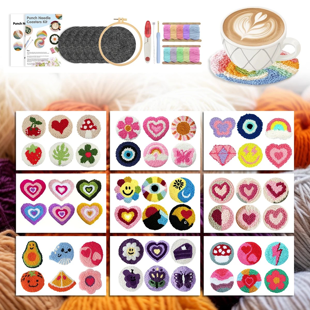 

GATYZTORY Punch Needle Kit Coaster Embroidery Kit For Beginners heart-shaped Mini Cute Coaster Set Simple handmade 6pcs Stitch