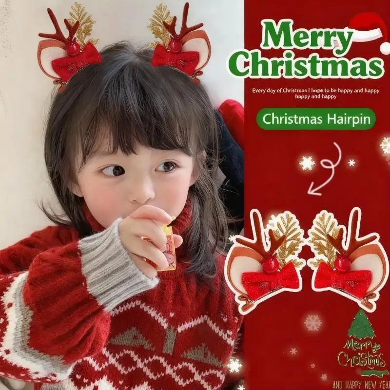 

2Pcs Xmas Barrettes Christmas Antler Hair Clips Plush Deer Ear Hairpins Cute Antlers Hair Clips Christmas Hairpin Party Decor