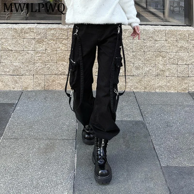 

MWJLPWQ Trendy Men's Bandage Zipper Design Jeans Tide Style Pocket Street Loose Straight Overalls Pants 2026 Spring New 13595