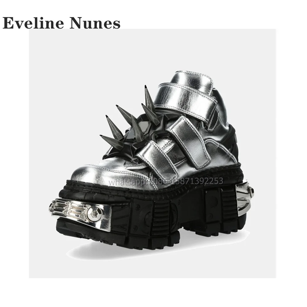 Metal Decoration Rivet Platform Pumps Round Toe Tank Soled Hook and Loop Large Size Shoes Punk Sewing Patchwork Shoes 2024 Trend