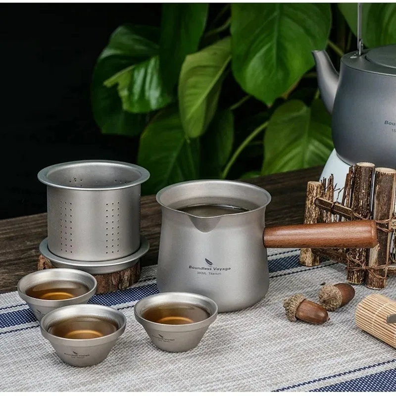 

Camping tea pot set outdoor travel Kungfu tea kettle Portable Pure titanium tea maker infuser Double Anti scald Titanium teapot