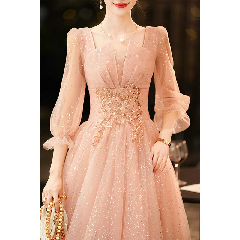 Vestido de noche de banquete de tul rosa para mujer, apliques de lentejuelas, mangas largas, vestidos de regreso a casa, vestido de graduación elegante exquisito