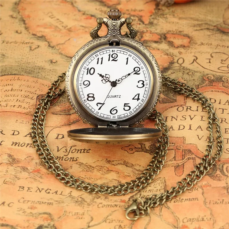 Vintage Hollow-out Compass Pocket Watch Bronze Geometry Astronomical Design Quartz Clock Necklace Chain with Pendant Gadget