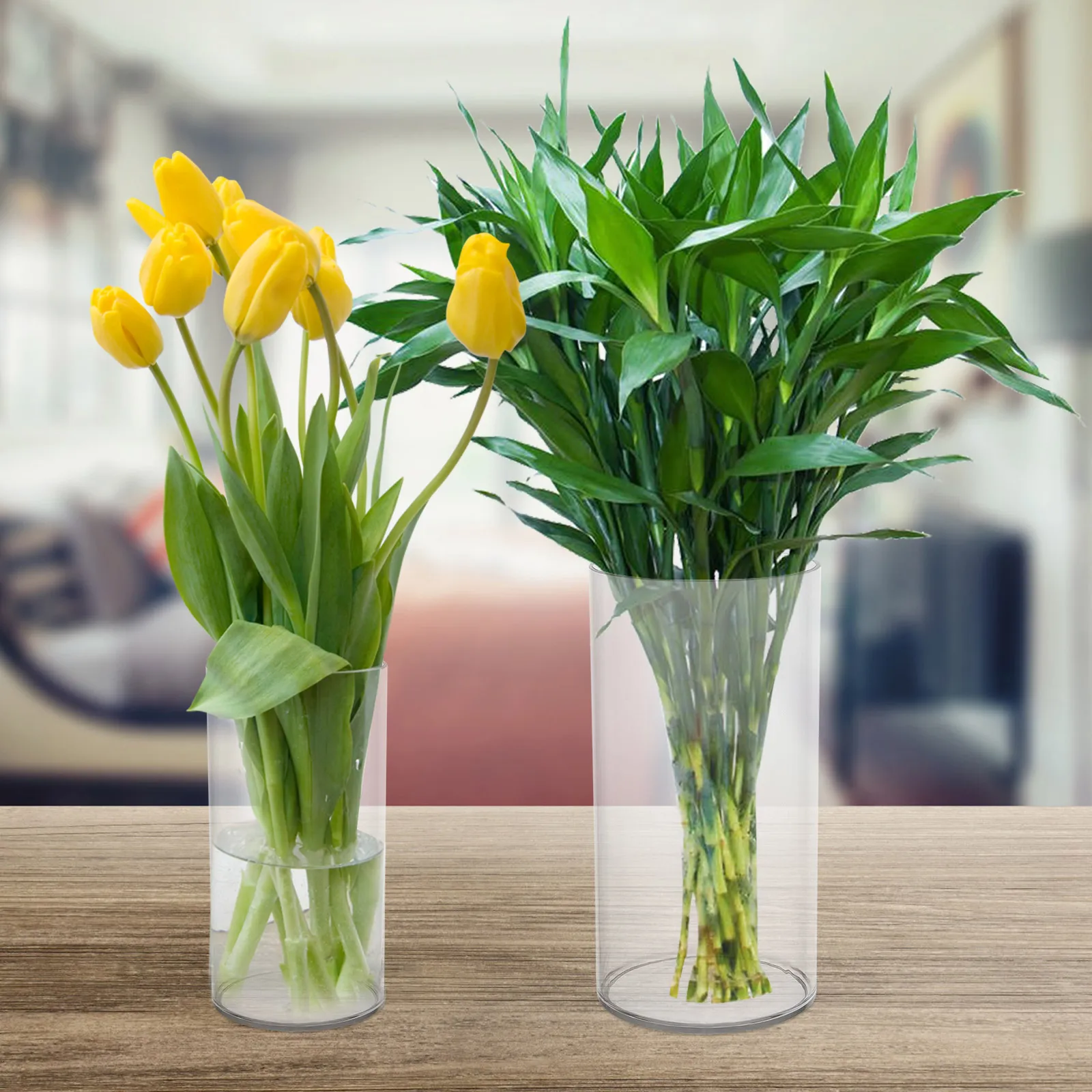 

2Pcs Transparent Cylindrical Vase Plastic Modern Decor Flower Arrangement Centerpieces Dried Fresh Bouquets Home Office Table
