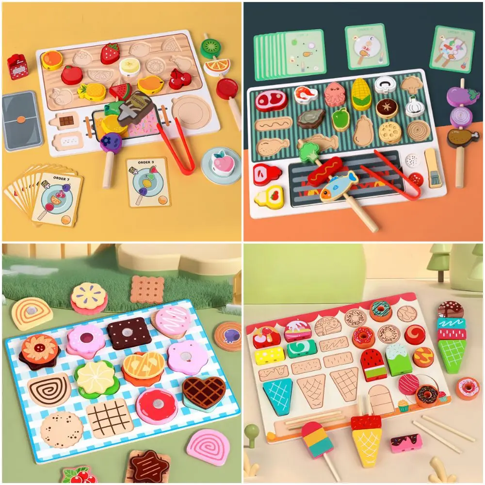 Creative Multicolor Montessori Wooden Barbecue Cartoon Fruit Playing Kitchen DIY Playing House Simulation Barbecue For