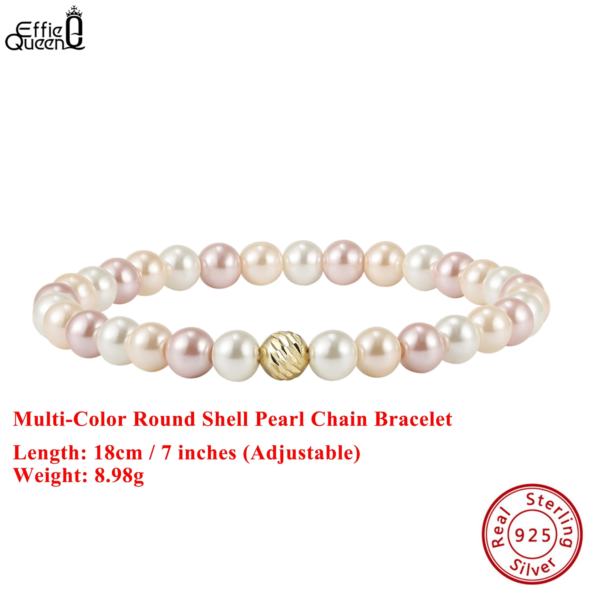EFFIE QUEEN 100% S925 Silver 14k Gold Round Shaped Shell Pearl Pink, Purple and Multi-Color Simple Jewelry for Women Gift PSB09