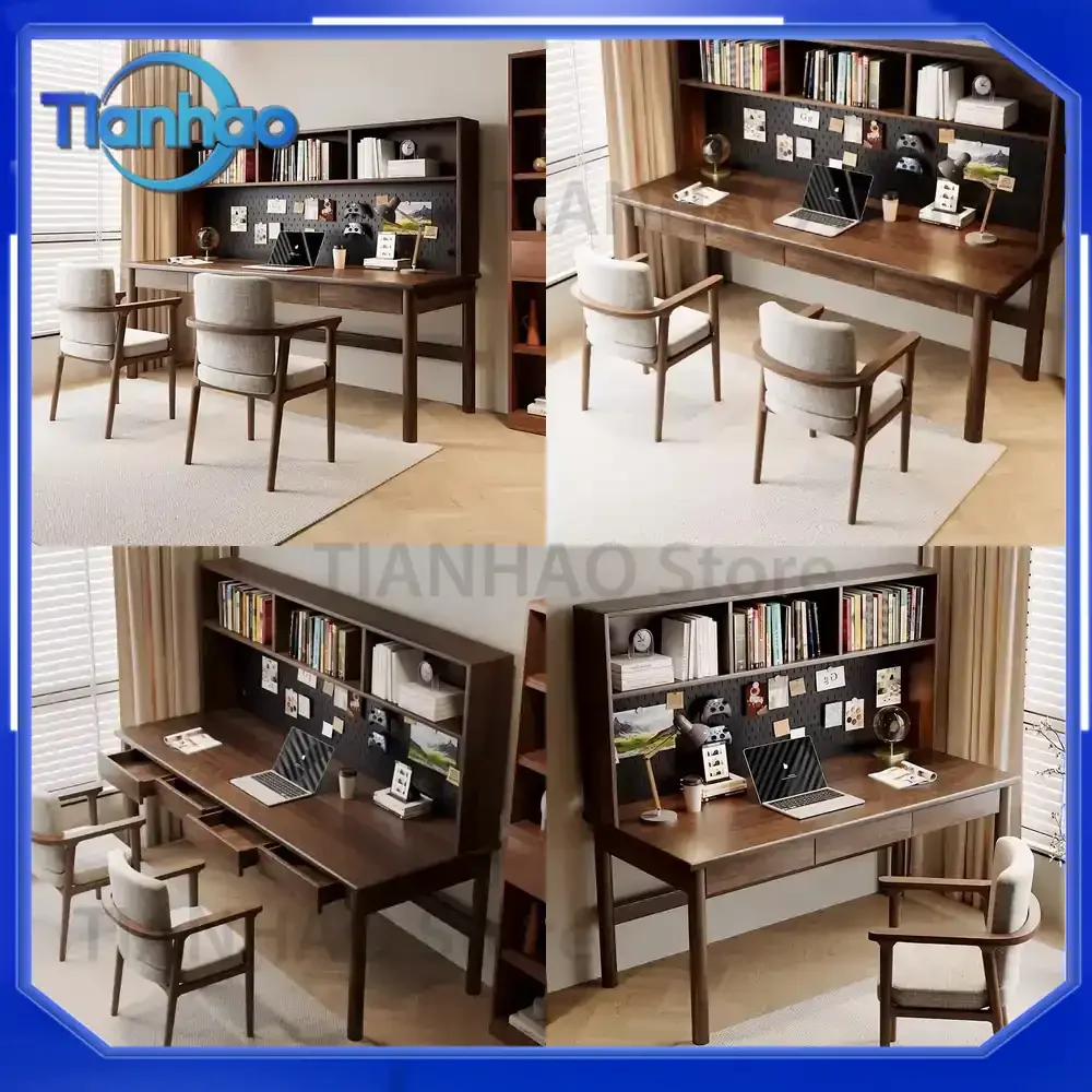 Premium Walnut Wood Desk with Bookshelf for Home Study Office Small Space Real Wood Computer Desk for for South American