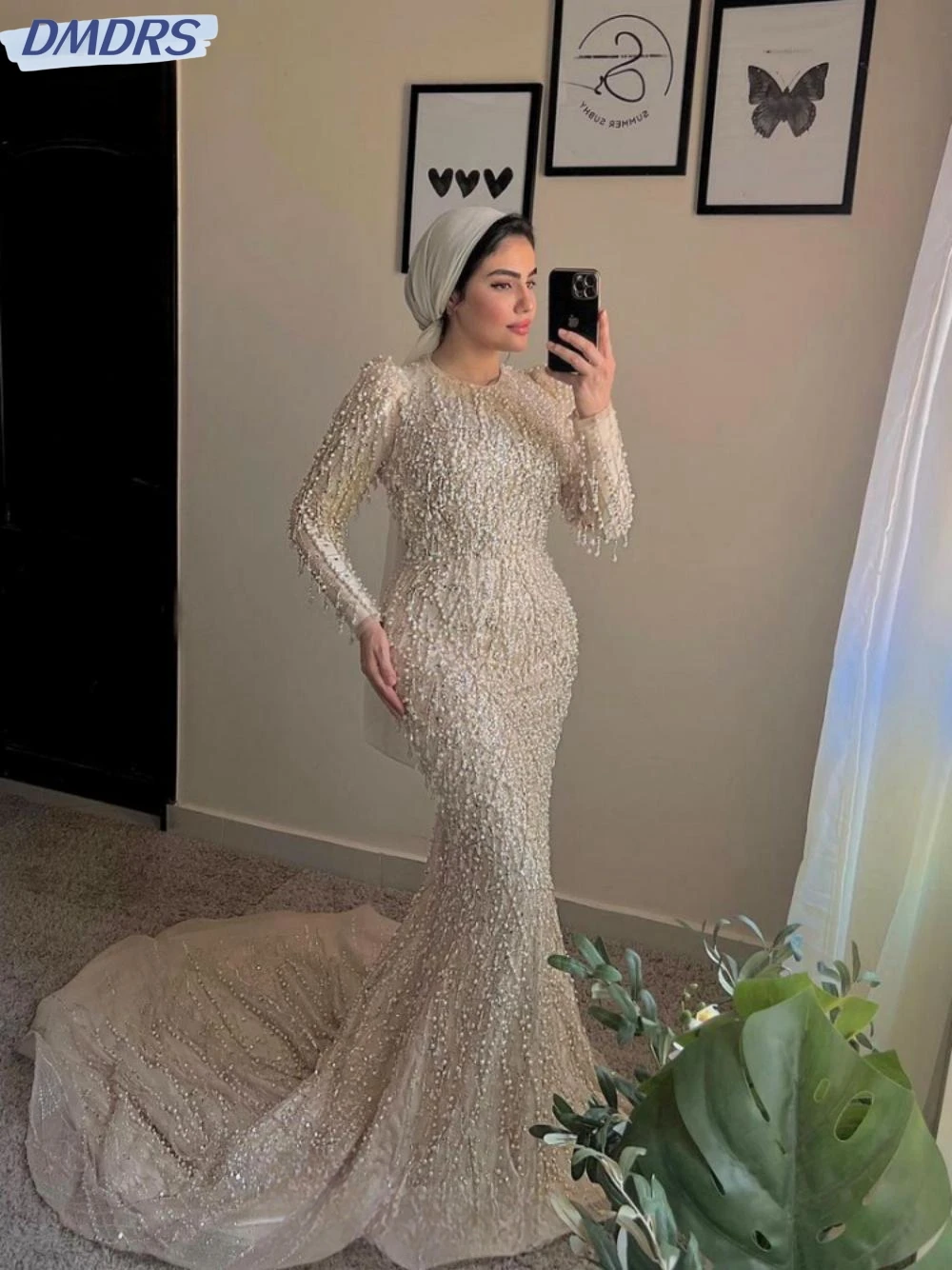 

Classic O-neck Long Sleeve Bride Robe Sparkly Beads Crystal Bridal Gown Muslim Pearls Mermaid Wedding Dress Robe De Mariée