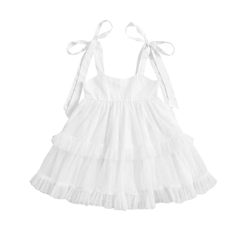 

Baby Girl Princess Dress Sleeveless Tie Strap Swiss Dots Ruffle Tulle Dress Toddler Summer Outfit