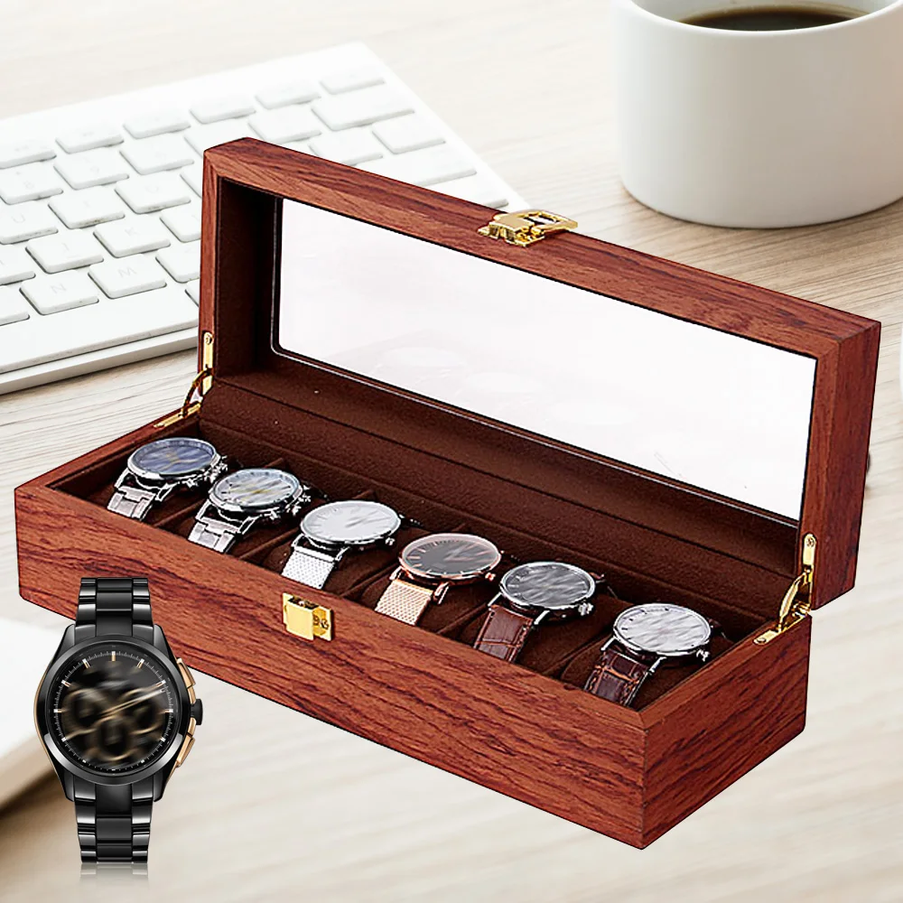 6/10/12 Slot Watch Box Solid Wood Watch Display Organizer Vintage Display Box with Glass Top and Velvet Cloth Slots