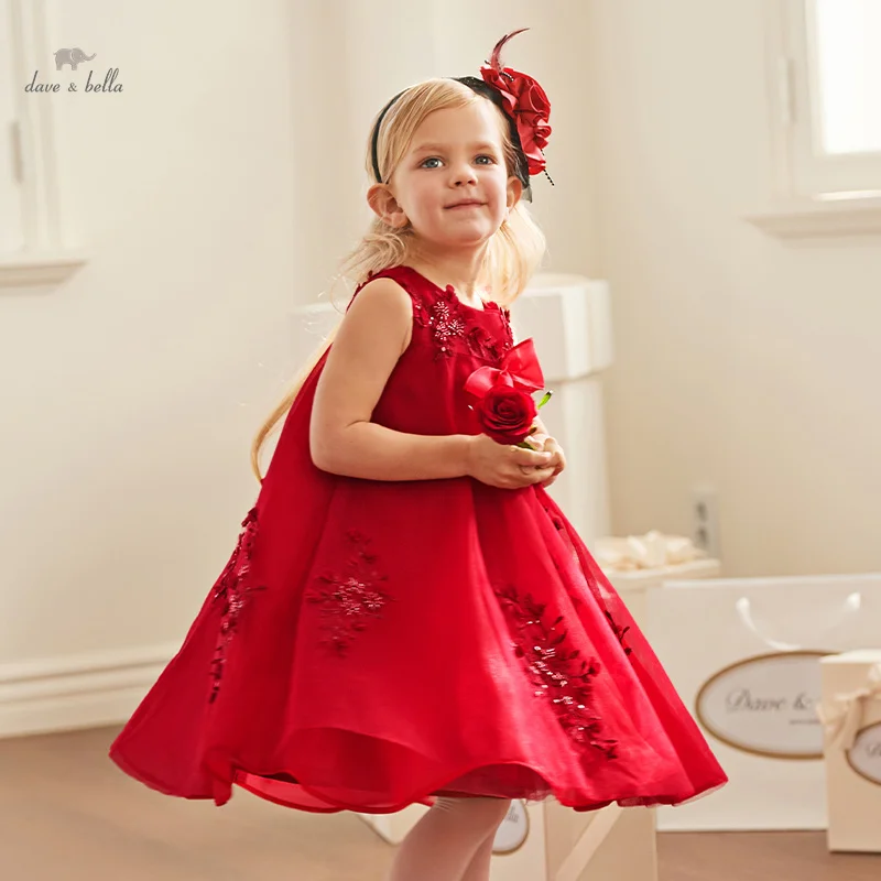 Dave Bella Summmer Baby Girls Dress Red Bow Lace Princess Dress Elegant Party Wedding Birthday Dresses Kid Clothes DB2240988