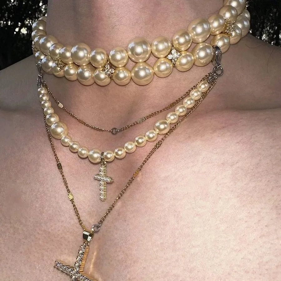 Gold Cross Pearl Pedant Necklace Layers Chokers