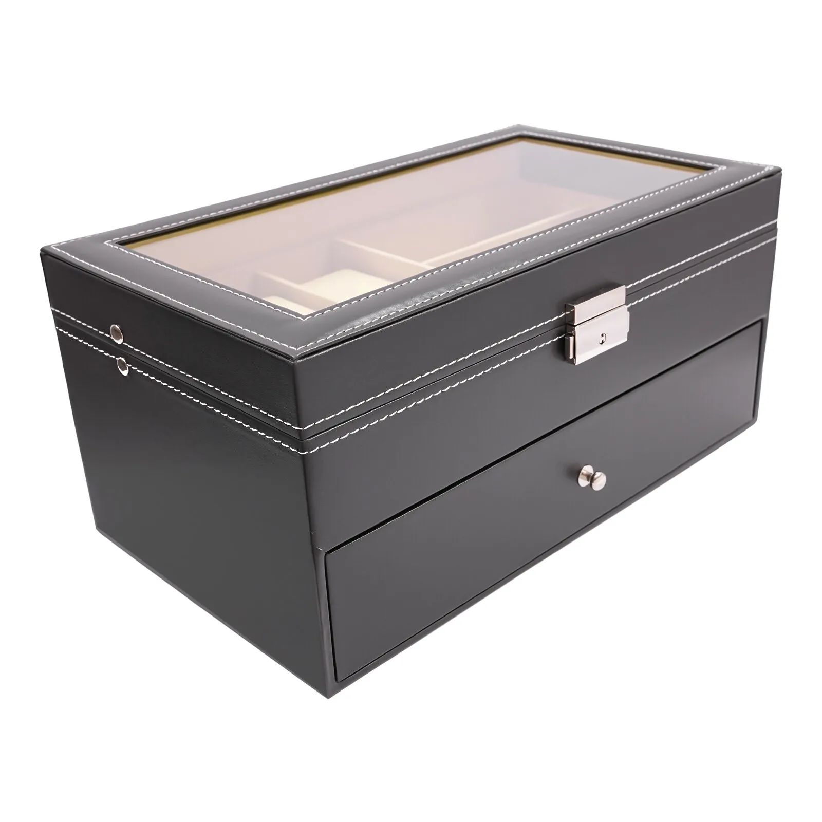 Black Watch Box PU Case Organizer 15 Slots Sunglasses Drawer Storage And Display