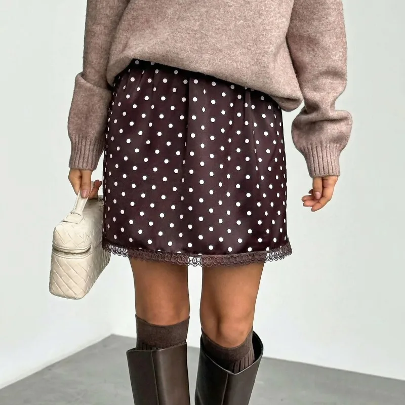 

Trendix Dot Print Satin Skirt Women 2026 Summer Street Fashion Lace Ruffle Skirts Club High Waist Party Elegant Commuting Skirt