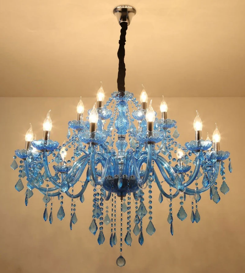 Modern Baby Blue Crystal Big Chandelier Pendant Lights Hanging Ceiling Suspension Lamp For Bedroom Restaurant Living Dining Room