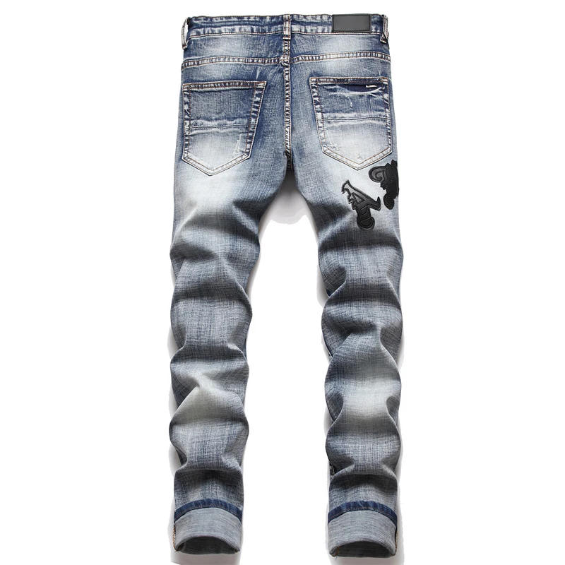 European Brand High-quality Distressed Letter Patchwork Embroidered Slim Fit Ripped Jeans Men Trend Skinny Stretch Denim Pants