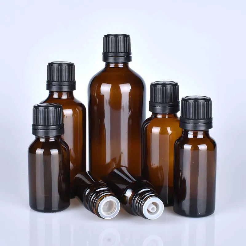 12 sztuk/partia 5 10 15 20 30 50 100ml Puste Brązowe Bursztynowe Szklane Butelki Boston Round na Olejki Eteryczne z Reduktorami Przepływowych i Zabezpieczonymi Przed Manipulacją Zakrętkami