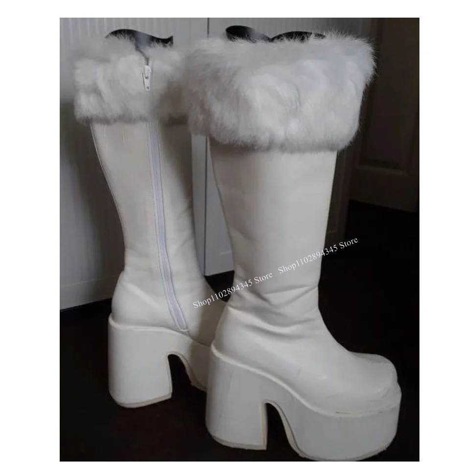 White Over Knee High Fur Platform Boots Chunky Heel Round Toe Fashion Sexy 2024 Winter Big Size Woman Shoes Zapatillas Mujer