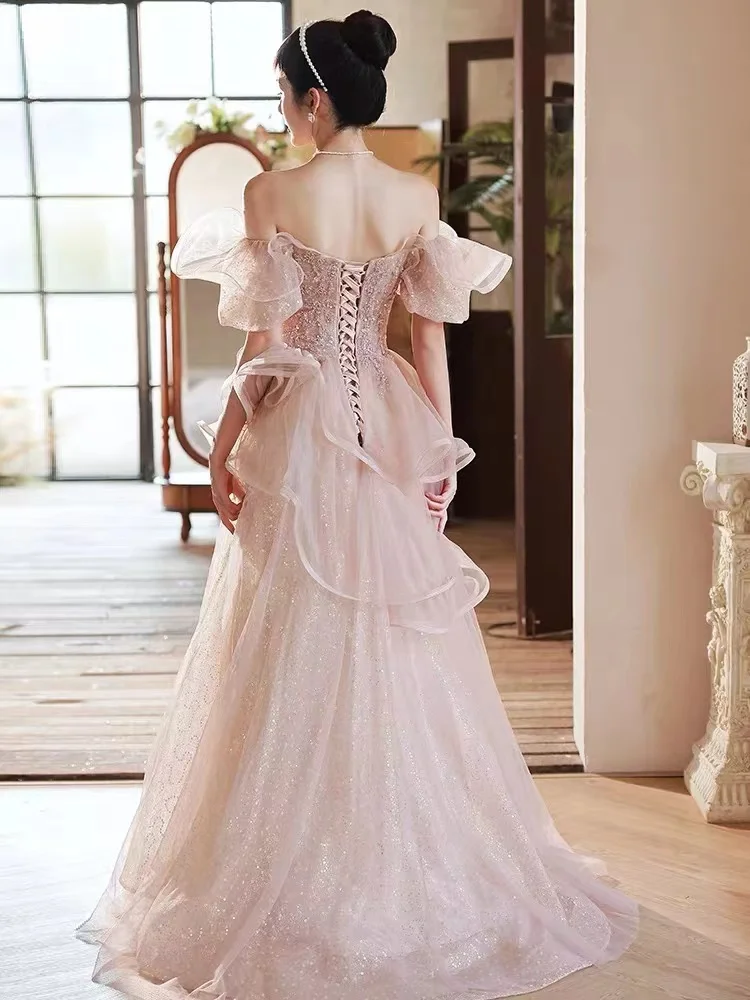 Abiti da sera formali da donna rosa Sweetheart Squisite paillettes Appliques Senza maniche con spalle scoperte Abiti da ballo lunghi fino al pavimento