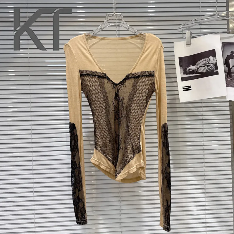 

KT Women's Lace Trim Bodysuit 2026 Spring Summer Lace Panel Long Sleeve Asymmetric Hem V Neck Top Casual Tops
