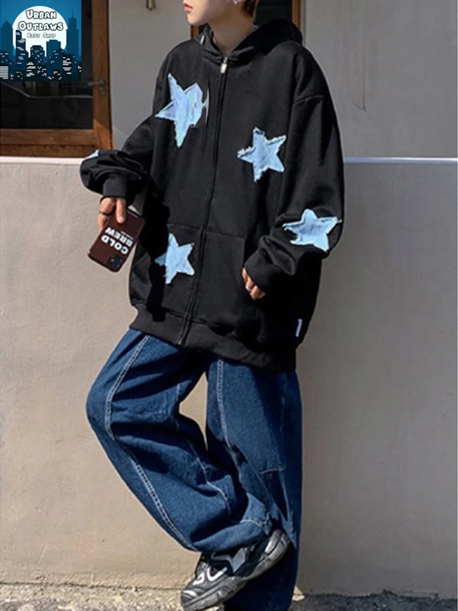 Gothic Y2K Star Printed Hoodies Women Harajuku Retro Hip Hop Zip Up Hoodie Loose Man Hoodie Jacket with Pocket Clothes