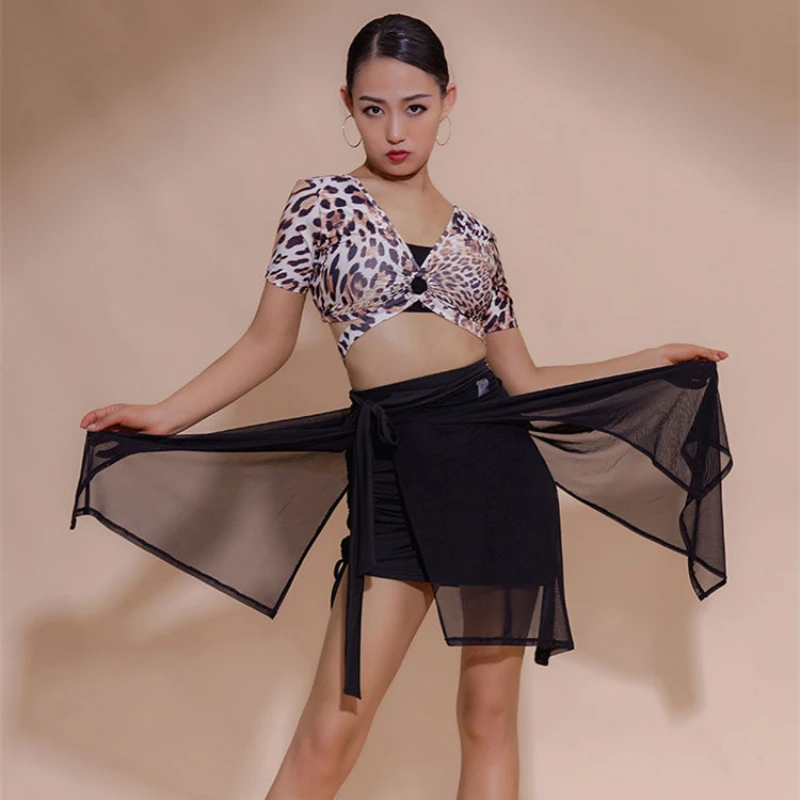 New Latin Dance Skirt Adult Women's Irregular Apron Cha-cha Rumba Samba Latin Sambado Split Sexy Mesh Lacing Practice Skirt