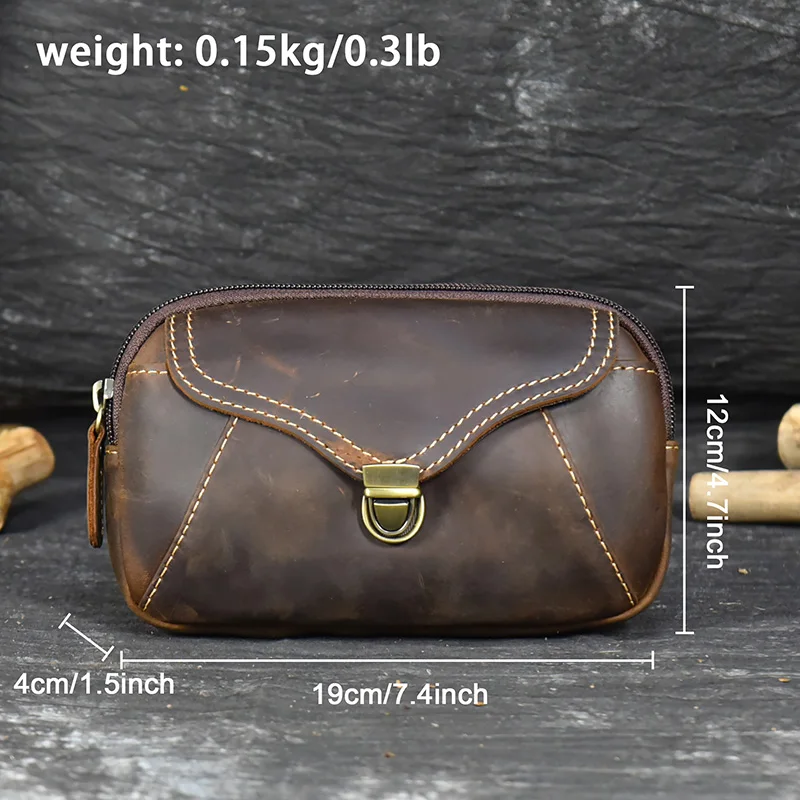 Man Belt Pouch Crazy Horse Leather Waist Pack For Men Fanny Pack Retro Cell Phone Bag Cowhide Hip Sack Casual Men\'s Belt Bag New